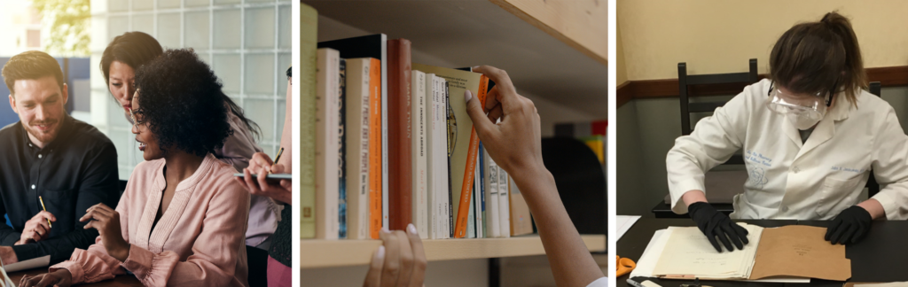 A collage of photographs of people working in libraries.
